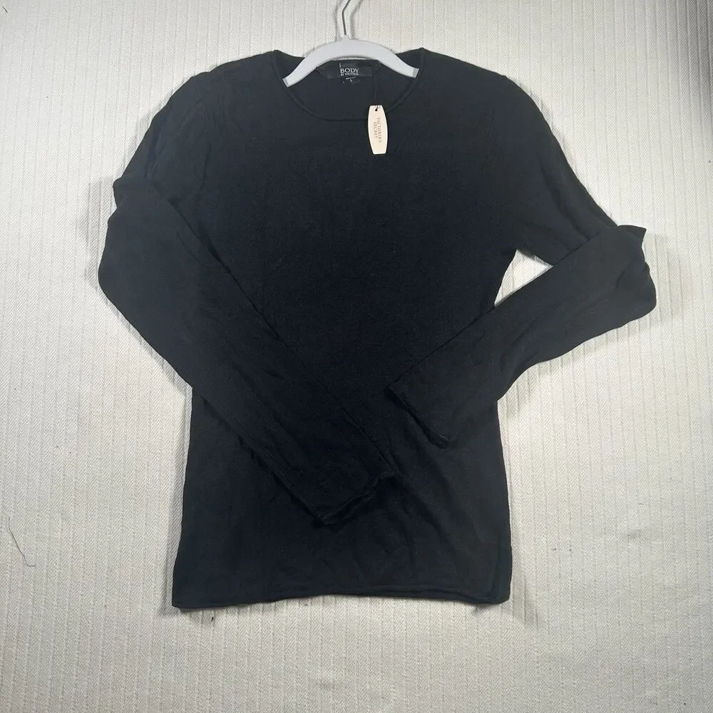 Victoria's Secret Body Long Sleeve Tee Shirt L Black Crew Neck Top NWT Stretch